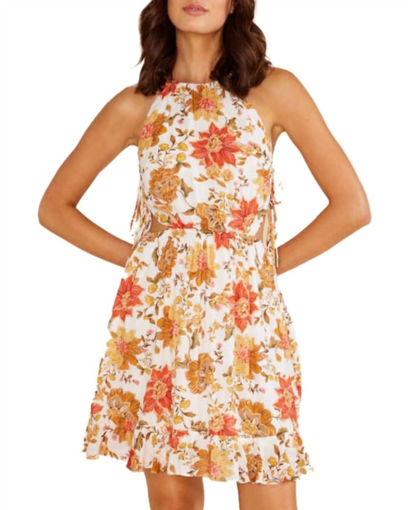 Front of a model wearing a size L Emilia Mini Dress In White Multi in White Multi by MINKPINK. | dia_product_style_image_id:353606